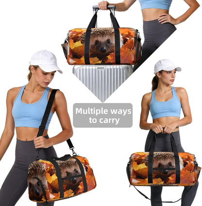 hedgehog Duffel Bag with Shoe Compartment-Sports Gym Weekender for Men Women, Waterproof Travel Tote with Wet Pocket for Dirty Shoes