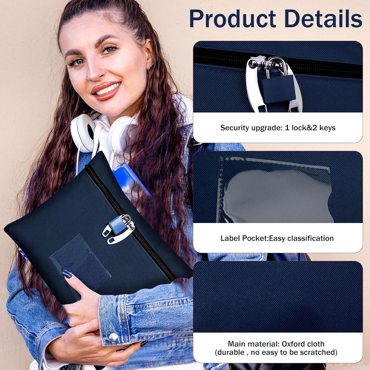 Cash Bag 11.4x8.3x0.4inch,Money Bags with Zipper Durable Oxford Cloth,Locking Bag for Cash Passports Jewelry Valuables Storage and Travel,Bank Bags with Inner Lining & External Card Slot(Red)