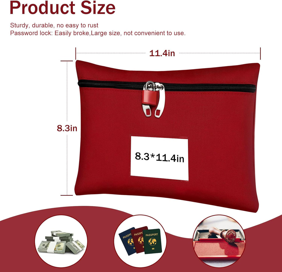 Cash Bag 11.4x8.3x0.4inch,Money Bags with Zipper Durable Oxford Cloth,Locking Bag for Cash Passports Jewelry Valuables Storage and Travel,Bank Bags with Inner Lining & External Card Slot(Red)