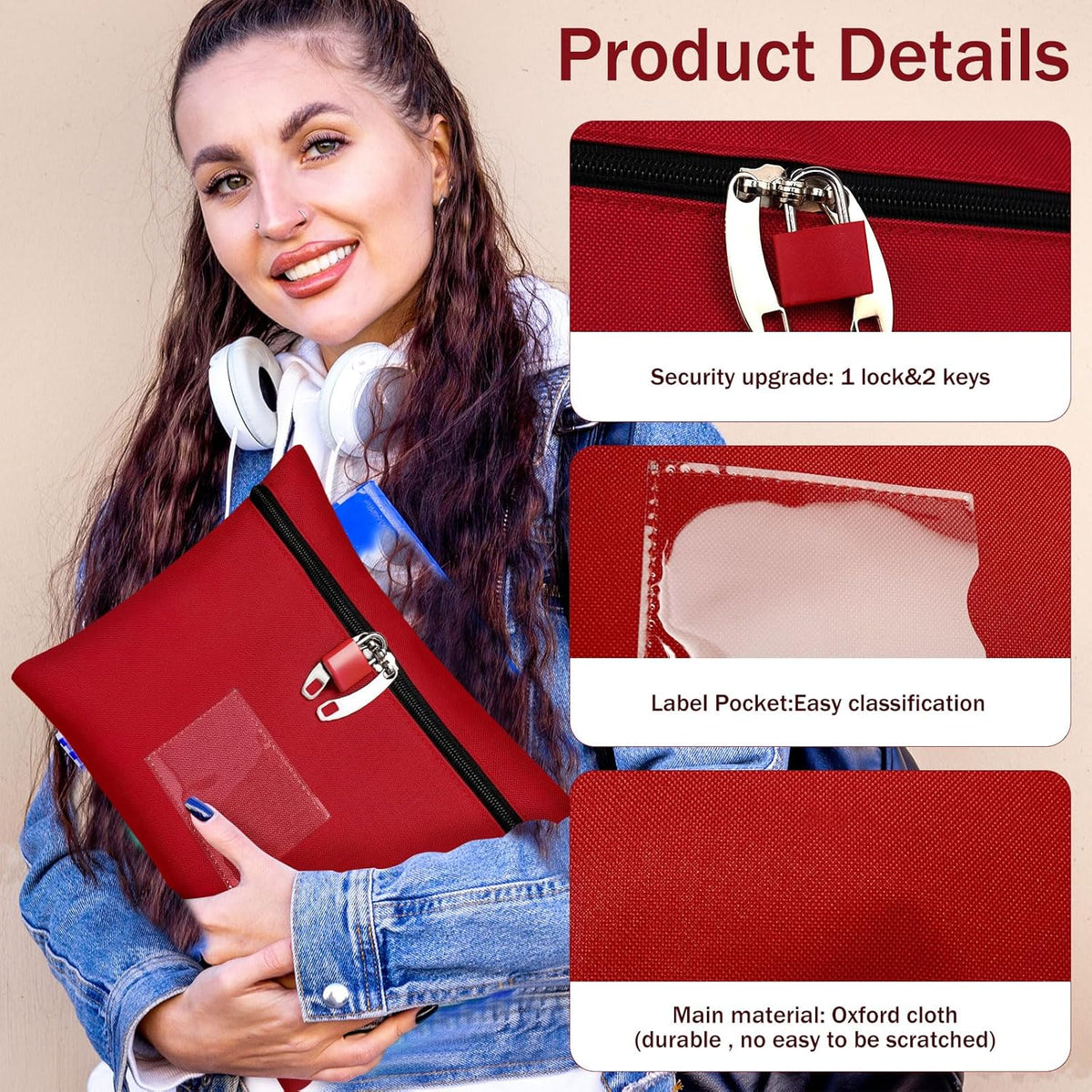 Cash Bag 11.4x8.3x0.4inch,Money Bags with Zipper Durable Oxford Cloth,Locking Bag for Cash Passports Jewelry Valuables Storage and Travel,Bank Bags with Inner Lining & External Card Slot(Red)