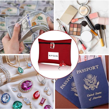 Cash Bag 11.4x8.3x0.4inch,Money Bags with Zipper Durable Oxford Cloth,Locking Bag for Cash Passports Jewelry Valuables Storage and Travel,Bank Bags with Inner Lining & External Card Slot(Red)