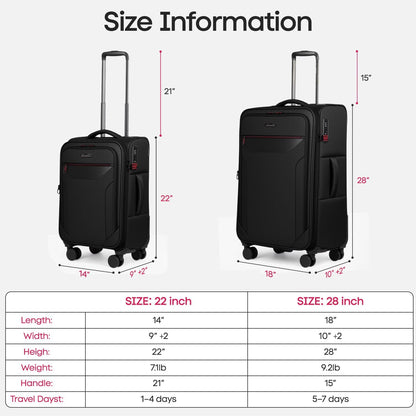 Carry on Luggage 22 X 14 X 9 Airline Approved,22 Inch Softside Suitcases w/TSA LOCK,Lightweight Carry-On Suitcase w/Spinner Wheels,Upright Softshell Luggage for Men/Women（Green,22in）