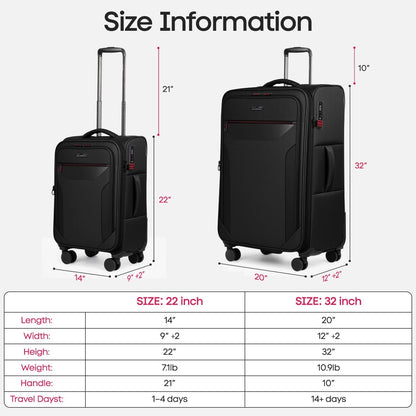 Carry on Luggage 22 X 14 X 9 Airline Approved,22 Inch Softside Suitcases w/TSA LOCK,Lightweight Carry-On Suitcase w/Spinner Wheels,Upright Softshell Luggage for Men/Women（Green,22in）