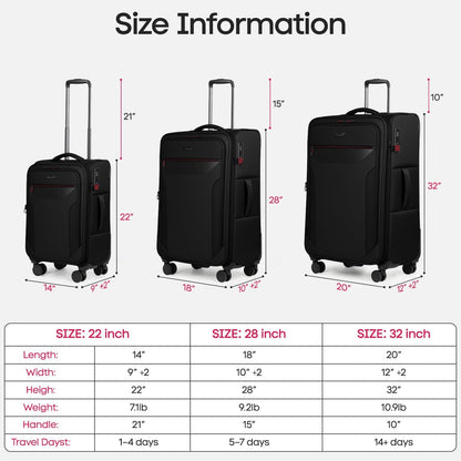 Carry on Luggage 22 X 14 X 9 Airline Approved,22 Inch Softside Suitcases w/TSA LOCK,Lightweight Carry-On Suitcase w/Spinner Wheels,Upright Softshell Luggage for Men/Women（Green,22in）