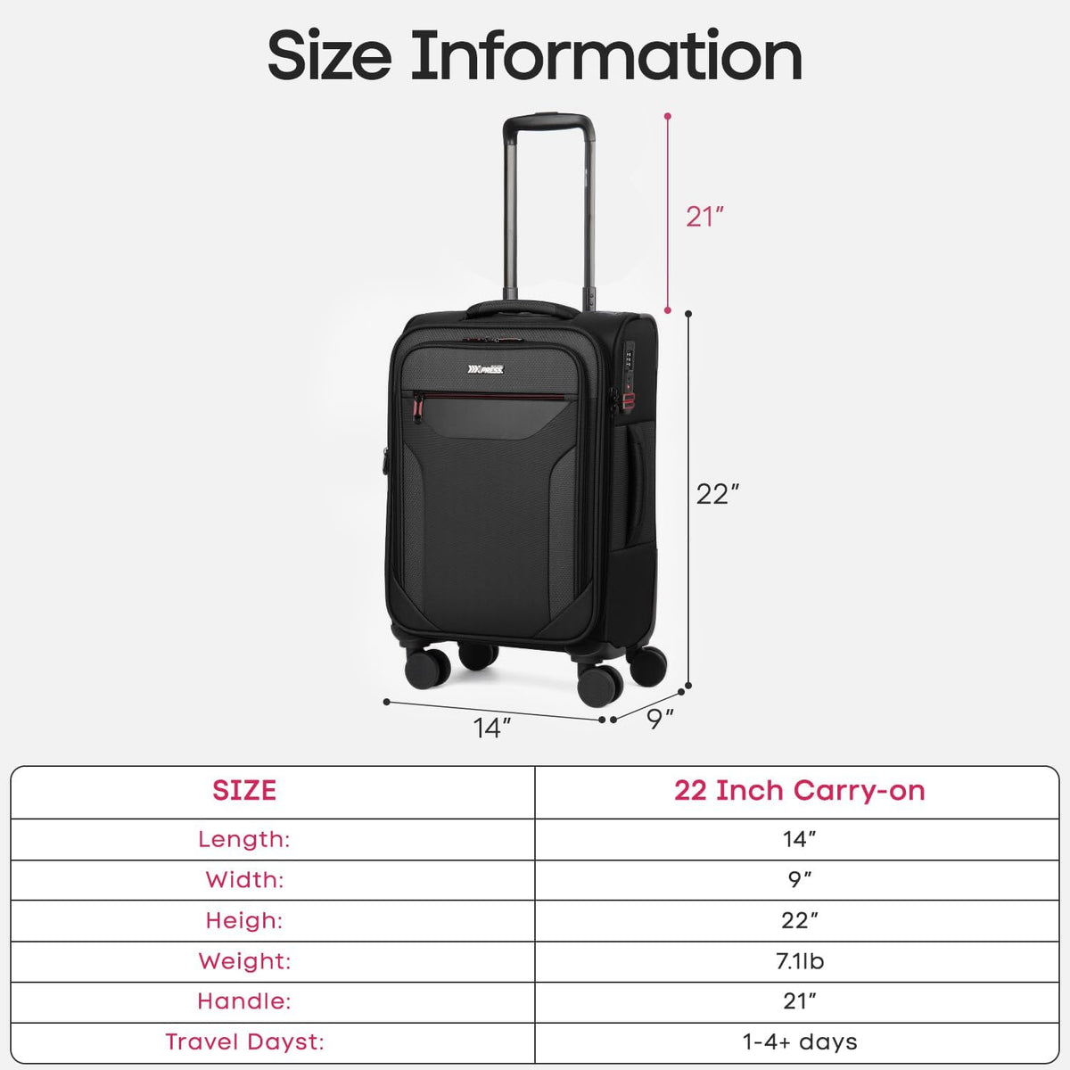 Carry on Luggage 22 X 14 X 9 Airline Approved,22 Inch Softside Suitcases w/TSA LOCK,Lightweight Carry-On Suitcase w/Spinner Wheels,Upright Softshell Luggage for Men/Women（Green,22in）