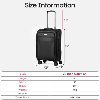 Carry on Luggage 22 X 14 X 9 Airline Approved,22 Inch Softside Suitcases w/TSA LOCK,Lightweight Carry-On Suitcase w/Spinner Wheels,Upright Softshell Luggage for Men/Women（Green,22in）