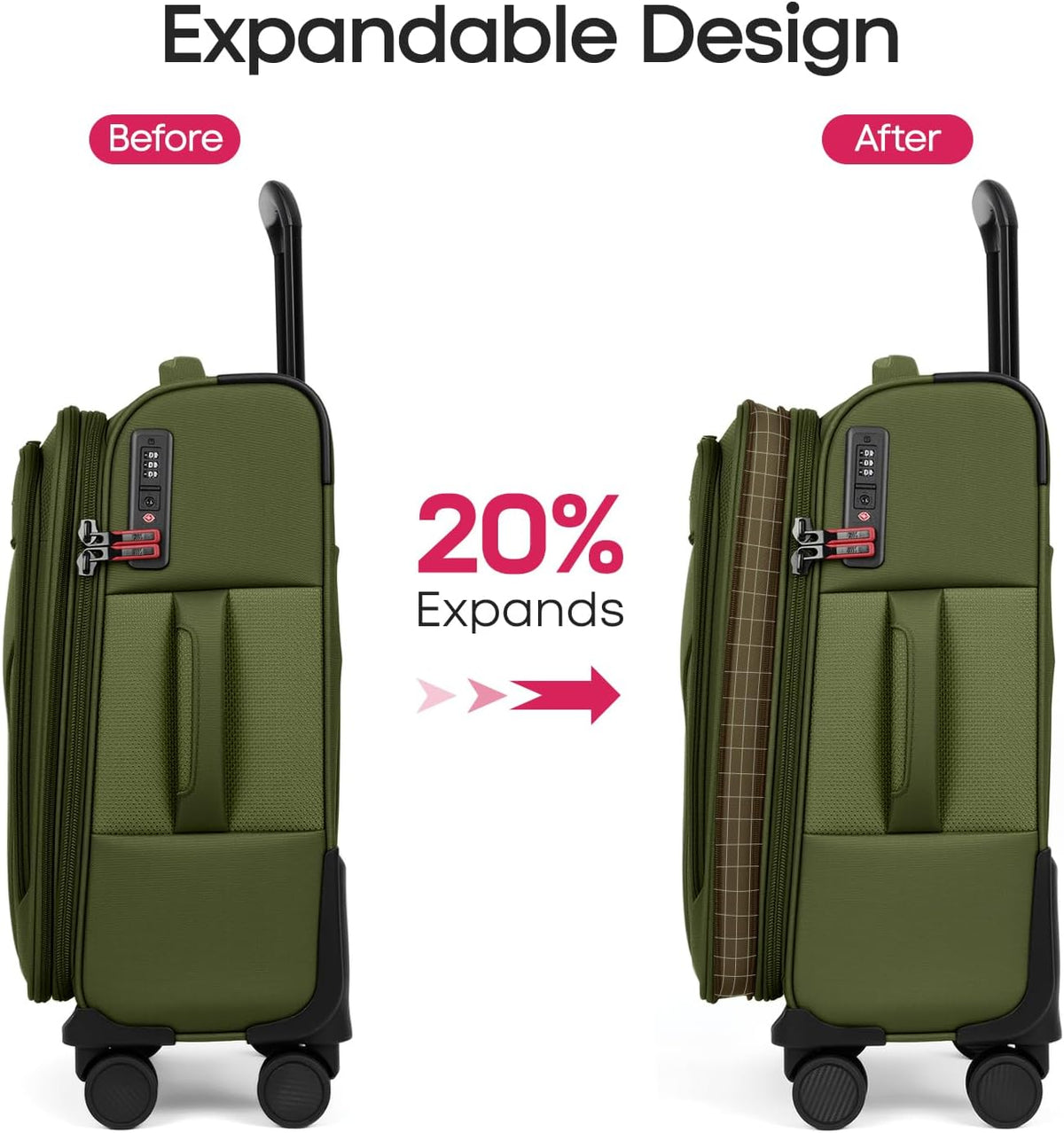 Carry on Luggage 22 X 14 X 9 Airline Approved,22 Inch Softside Suitcases w/TSA LOCK,Lightweight Carry-On Suitcase w/Spinner Wheels,Upright Softshell Luggage for Men/Women（Green,22in）