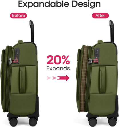 Carry on Luggage 22 X 14 X 9 Airline Approved,22 Inch Softside Suitcases w/TSA LOCK,Lightweight Carry-On Suitcase w/Spinner Wheels,Upright Softshell Luggage for Men/Women（Green,22in）