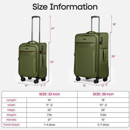 Carry on Luggage 22 X 14 X 9 Airline Approved,22 Inch Softside Suitcases w/TSA LOCK,Lightweight Carry-On Suitcase w/Spinner Wheels,Upright Softshell Luggage for Men/Women（Green,22in）