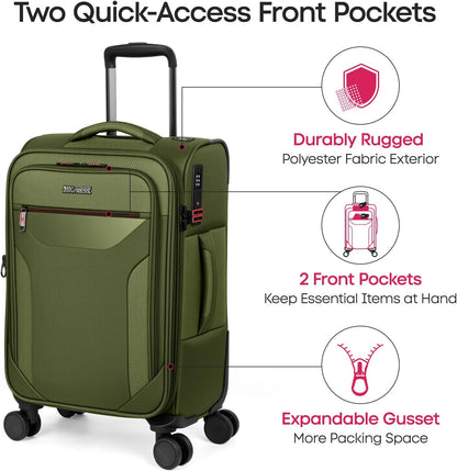 Carry on Luggage 22 X 14 X 9 Airline Approved,22 Inch Softside Suitcases w/TSA LOCK,Lightweight Carry-On Suitcase w/Spinner Wheels,Upright Softshell Luggage for Men/Women（Green,22in）