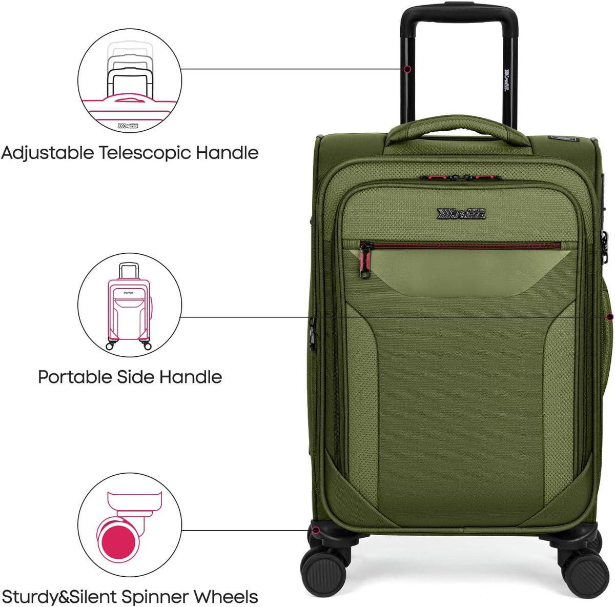 Carry on Luggage 22 X 14 X 9 Airline Approved,22 Inch Softside Suitcases w/TSA LOCK,Lightweight Carry-On Suitcase w/Spinner Wheels,Upright Softshell Luggage for Men/Women（Green,22in）