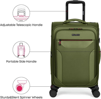 Carry on Luggage 22 X 14 X 9 Airline Approved,22 Inch Softside Suitcases w/TSA LOCK,Lightweight Carry-On Suitcase w/Spinner Wheels,Upright Softshell Luggage for Men/Women（Green,22in）