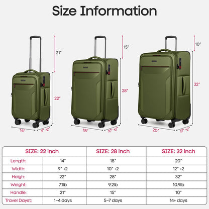 Carry on Luggage 22 X 14 X 9 Airline Approved,22 Inch Softside Suitcases w/TSA LOCK,Lightweight Carry-On Suitcase w/Spinner Wheels,Upright Softshell Luggage for Men/Women（Green,22in）