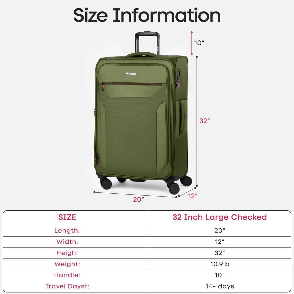 Carry on Luggage 22 X 14 X 9 Airline Approved,22 Inch Softside Suitcases w/TSA LOCK,Lightweight Carry-On Suitcase w/Spinner Wheels,Upright Softshell Luggage for Men/Women（Green,22in）