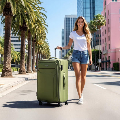 Carry on Luggage 22 X 14 X 9 Airline Approved,22 Inch Softside Suitcases w/TSA LOCK,Lightweight Carry-On Suitcase w/Spinner Wheels,Upright Softshell Luggage for Men/Women（Green,22in）