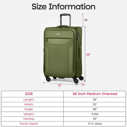 Carry on Luggage 22 X 14 X 9 Airline Approved,22 Inch Softside Suitcases w/TSA LOCK,Lightweight Carry-On Suitcase w/Spinner Wheels,Upright Softshell Luggage for Men/Women（Green,22in）