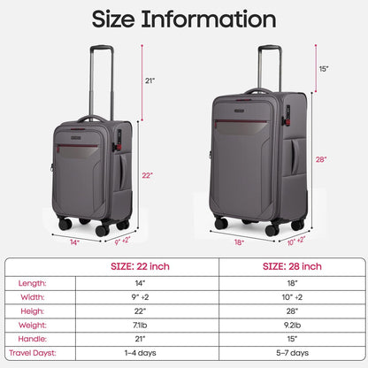 Carry on Luggage 22 X 14 X 9 Airline Approved,22 Inch Softside Suitcases w/TSA LOCK,Lightweight Carry-On Suitcase w/Spinner Wheels,Upright Softshell Luggage for Men/Women（Green,22in）