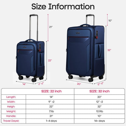 Carry on Luggage 22 X 14 X 9 Airline Approved,22 Inch Softside Suitcases w/TSA LOCK,Lightweight Carry-On Suitcase w/Spinner Wheels,Upright Softshell Luggage for Men/Women（Green,22in）