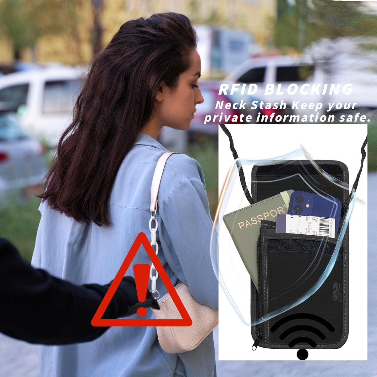 Travel Neck Wallet with RFID Blocking – Passport Holder Organizer Neck Pouch – Portable Easy to Conceal Travel Pouch (Light Blue)