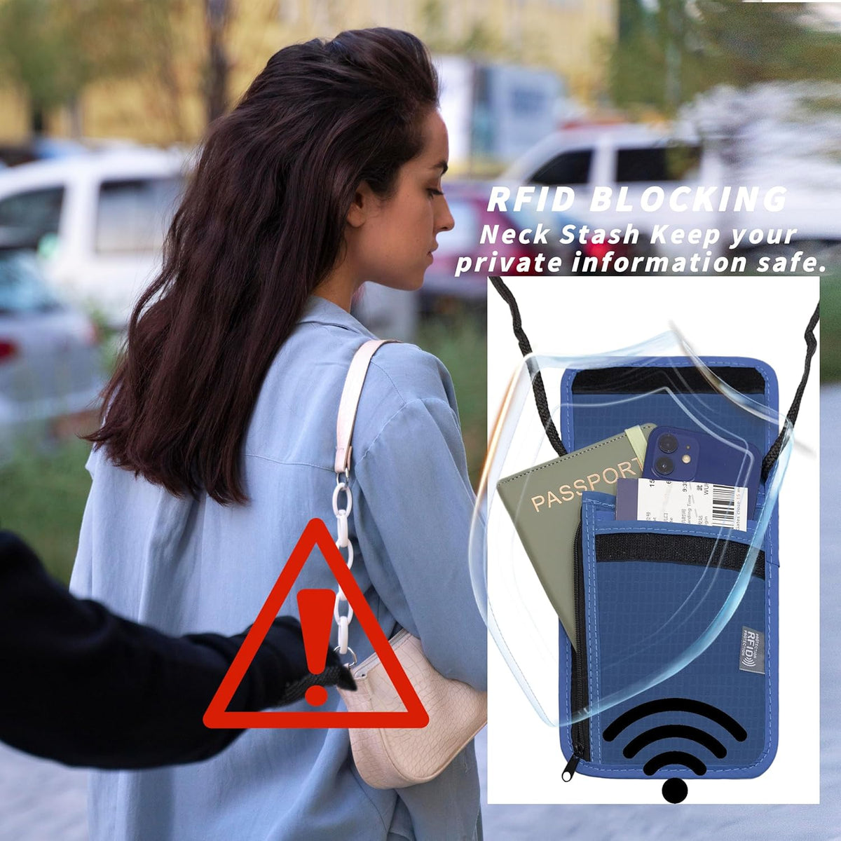 Travel Neck Wallet with RFID Blocking – Passport Holder Organizer Neck Pouch – Portable Easy to Conceal Travel Pouch (Light Blue)