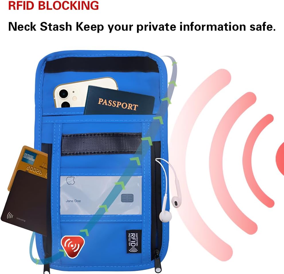 Travel Neck Wallet with RFID Blocking – Passport Holder Organizer Neck Pouch – Portable Easy to Conceal Travel Pouch (Light Blue)