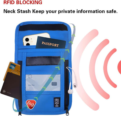 Travel Neck Wallet with RFID Blocking – Passport Holder Organizer Neck Pouch – Portable Easy to Conceal Travel Pouch (Light Blue)