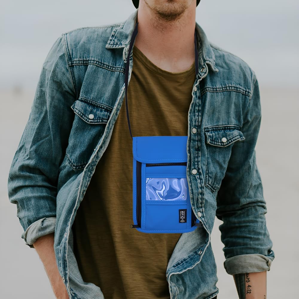 Travel Neck Wallet with RFID Blocking – Passport Holder Organizer Neck Pouch – Portable Easy to Conceal Travel Pouch (Light Blue)