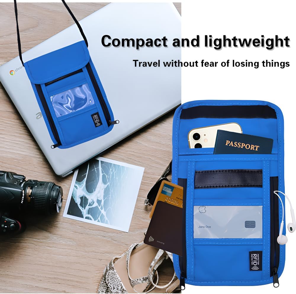 Travel Neck Wallet with RFID Blocking – Passport Holder Organizer Neck Pouch – Portable Easy to Conceal Travel Pouch (Light Blue)