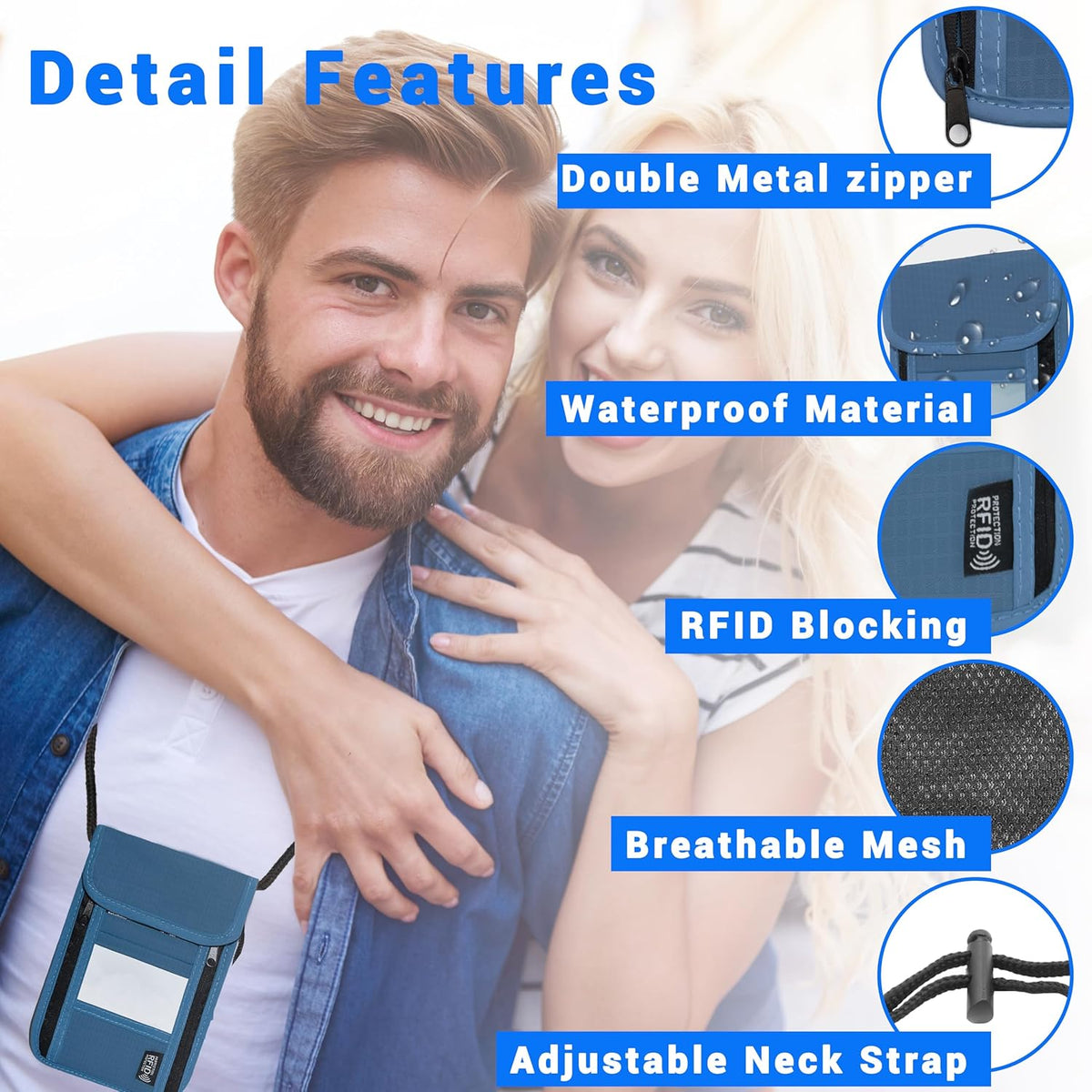 Travel Neck Wallet with RFID Blocking – Passport Holder Organizer Neck Pouch – Portable Easy to Conceal Travel Pouch (Light Blue)