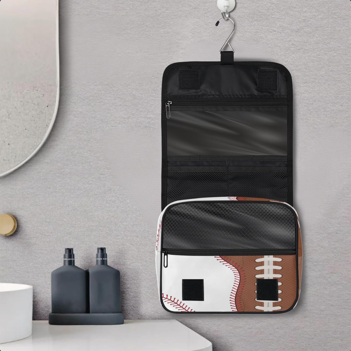 Kids Hanging Toiletry Bag for Boys - Waterproof Travel Cosmetic Organizer Makeup Pouch for Girls Shower Wash Bags with Hanging Hook Toiletries Storage Bag(Football)
