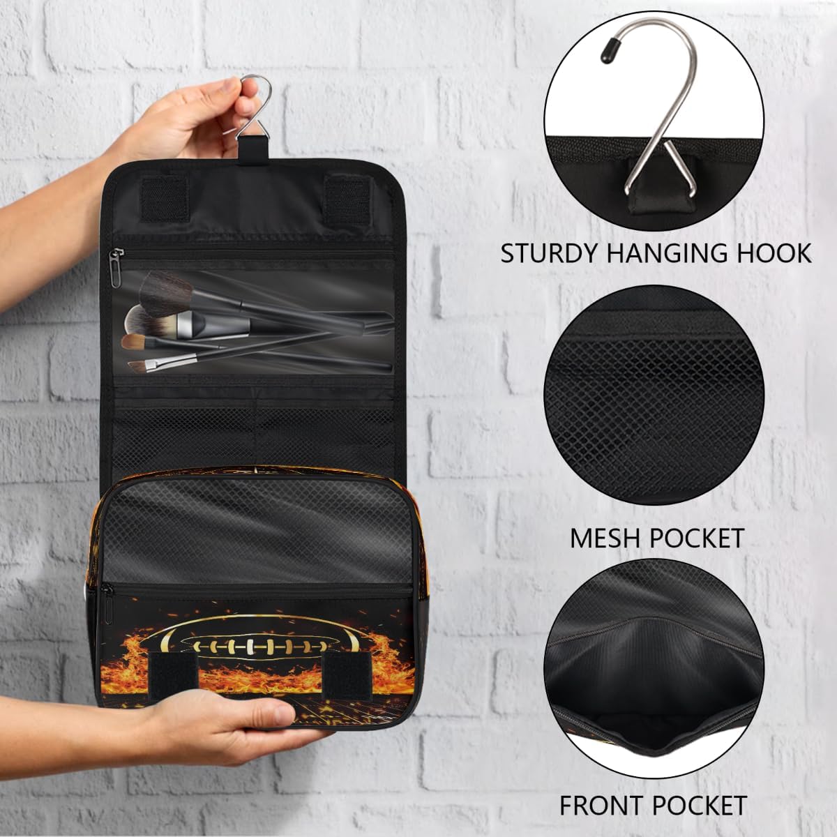 Kids Hanging Toiletry Bag for Boys - Waterproof Travel Cosmetic Organizer Makeup Pouch for Girls Shower Wash Bags with Hanging Hook Toiletries Storage Bag(Football)