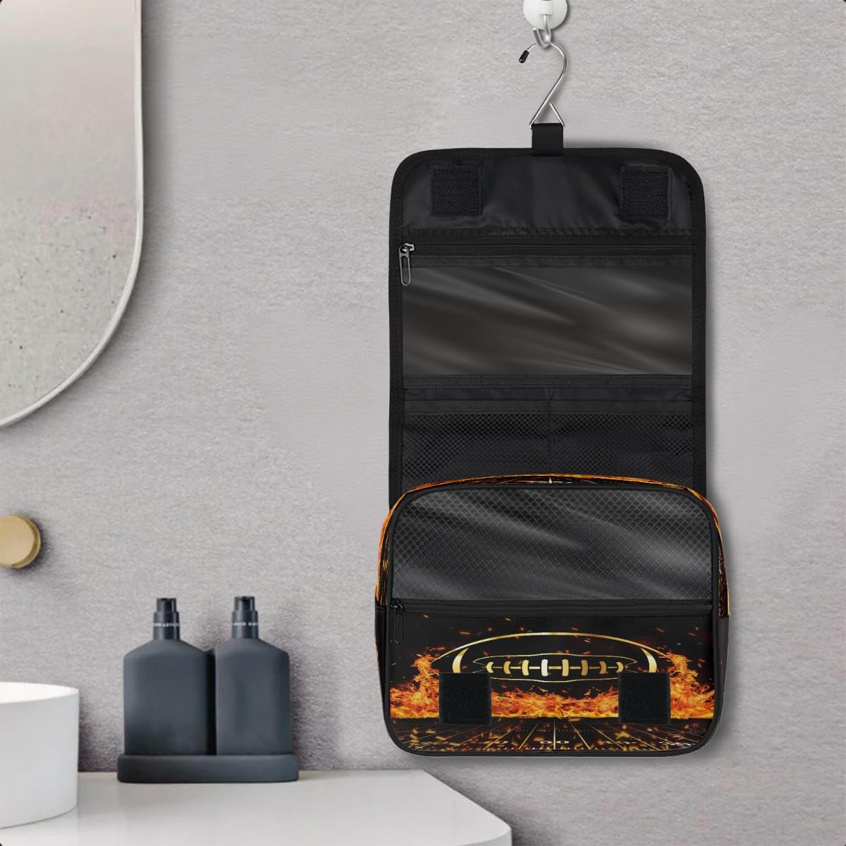 Kids Hanging Toiletry Bag for Boys - Waterproof Travel Cosmetic Organizer Makeup Pouch for Girls Shower Wash Bags with Hanging Hook Toiletries Storage Bag(Football)