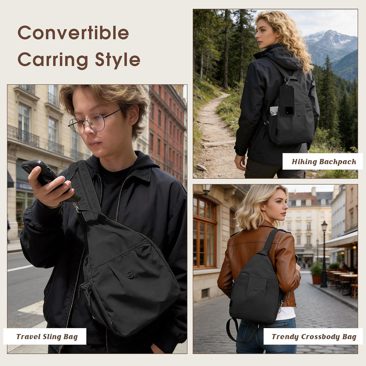 3-Ways Convertible Crossbody Backpack for Women, Anti-Theft Travel Sling Bag with Water Bottle Holder, Trendy Crossbody Bag for Travel Hiking Daily Commute