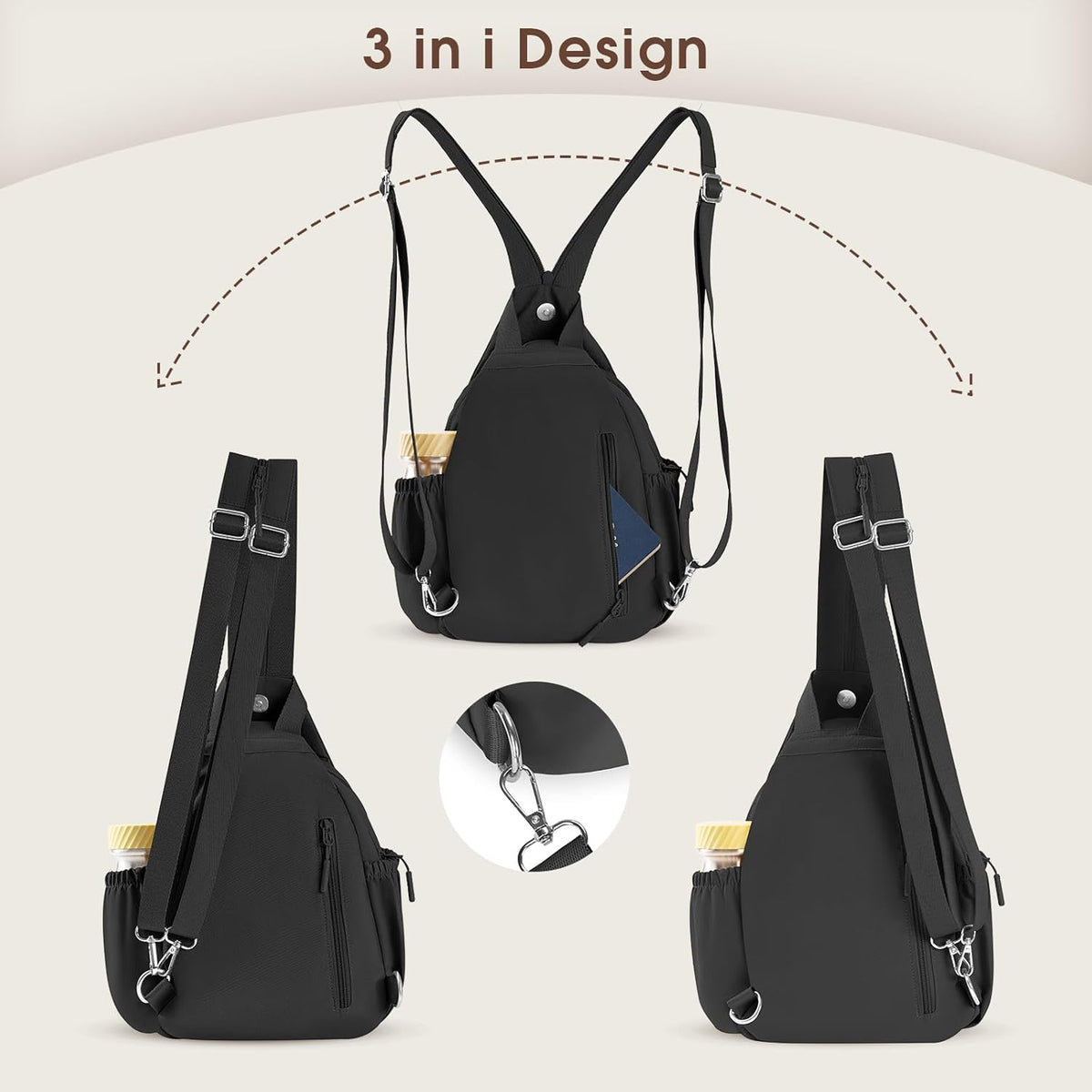 3-Ways Convertible Crossbody Backpack for Women, Anti-Theft Travel Sling Bag with Water Bottle Holder, Trendy Crossbody Bag for Travel Hiking Daily Commute