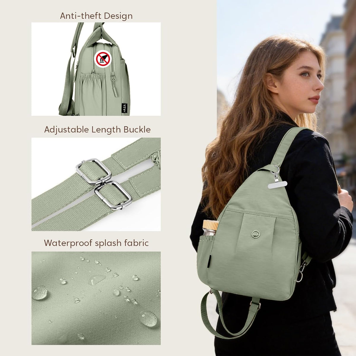 3-Ways Convertible Crossbody Backpack for Women, Anti-Theft Travel Sling Bag with Water Bottle Holder, Trendy Crossbody Bag for Travel Hiking Daily Commute