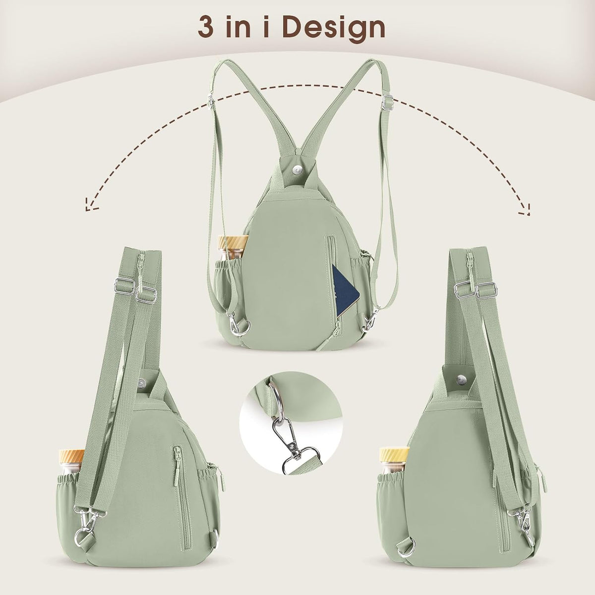 3-Ways Convertible Crossbody Backpack for Women, Anti-Theft Travel Sling Bag with Water Bottle Holder, Trendy Crossbody Bag for Travel Hiking Daily Commute
