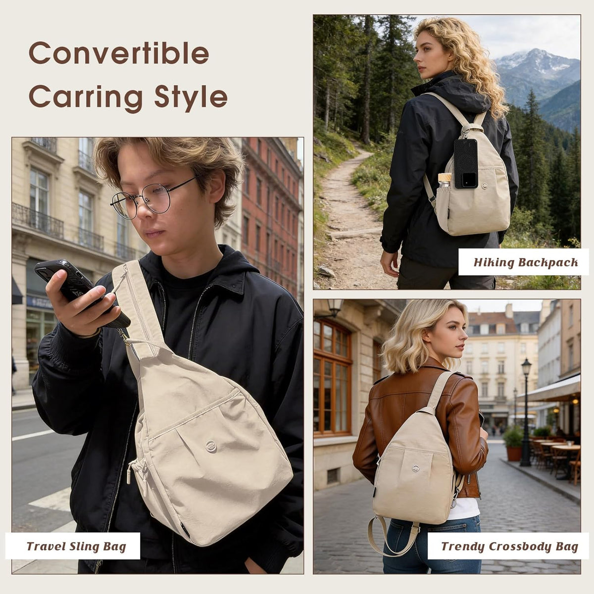 3-Ways Convertible Crossbody Backpack for Women, Anti-Theft Travel Sling Bag with Water Bottle Holder, Trendy Crossbody Bag for Travel Hiking Daily Commute