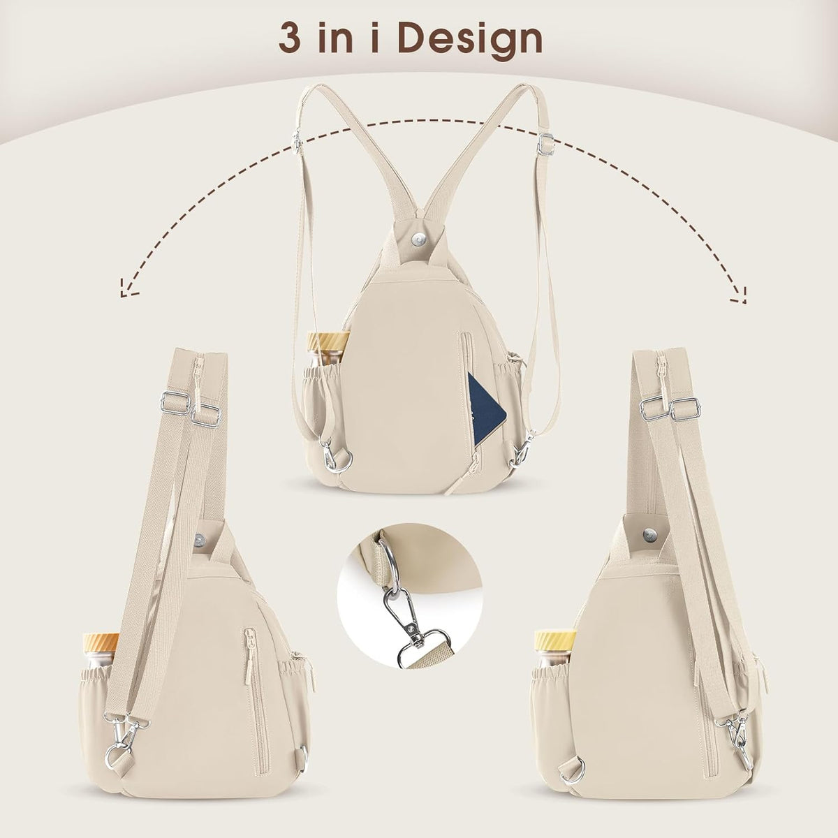 3-Ways Convertible Crossbody Backpack for Women, Anti-Theft Travel Sling Bag with Water Bottle Holder, Trendy Crossbody Bag for Travel Hiking Daily Commute