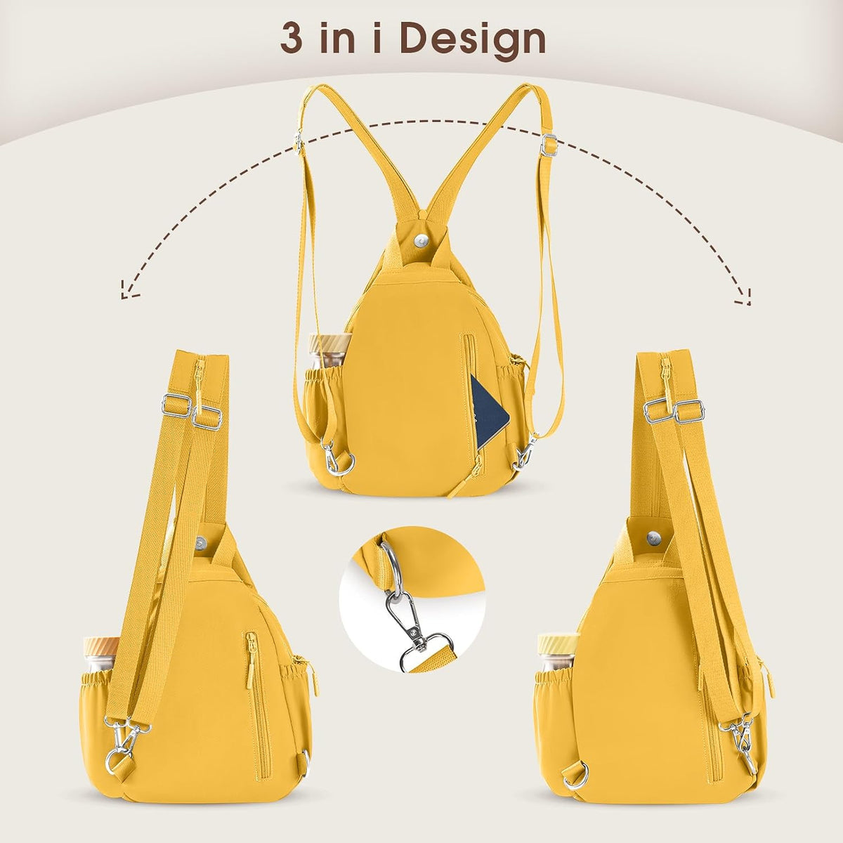 3-Ways Convertible Crossbody Backpack for Women, Anti-Theft Travel Sling Bag with Water Bottle Holder, Trendy Crossbody Bag for Travel Hiking Daily Commute