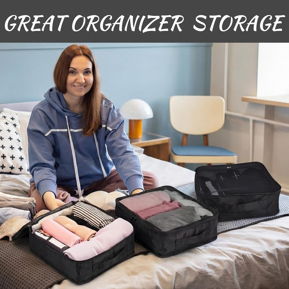 8 Pcs XL Packing Cube for Travel Luggage Organizer Suitcase High Capacity Large Packing Bag Bulk Reusable Mesh Travel Cube for Hiking Camping Accessory, 17.7 x 13 x 4.7 Inch (Black)