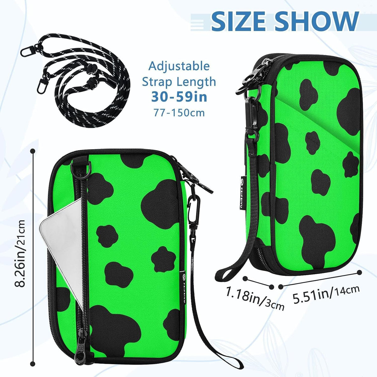 Cow Print Neon Yellow Family Passport Holder for Travel | Document Organizer with Detachable Strap Holds 5 Passports for Men Women, Neck Pouch for Vacation Trip