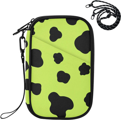 Cow Print Neon Yellow Family Passport Holder for Travel | Document Organizer with Detachable Strap Holds 5 Passports for Men Women, Neck Pouch for Vacation Trip