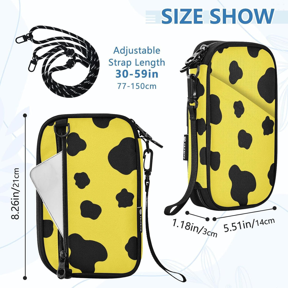 Cow Print Neon Yellow Family Passport Holder for Travel | Document Organizer with Detachable Strap Holds 5 Passports for Men Women, Neck Pouch for Vacation Trip