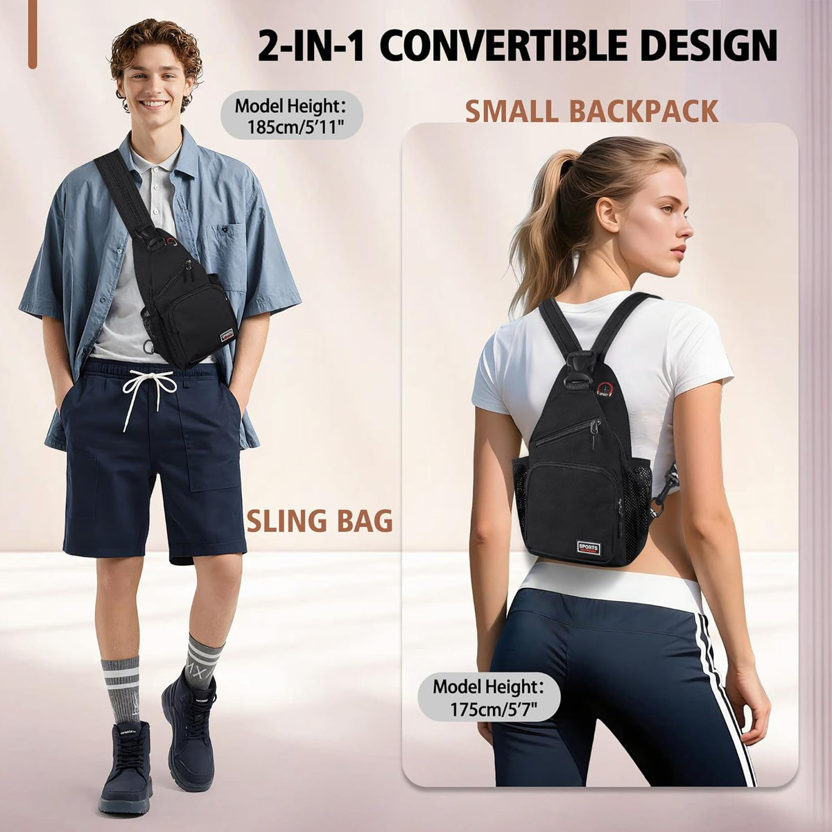 Convertible Sling Bag for Women Men, Lightweight Crossbody Backpack Daypack Chest Bag Fit 10.9" Tablet for Travel, Sport, Hiking & Commute, Black, 8.27in×3.94in×13.39in
