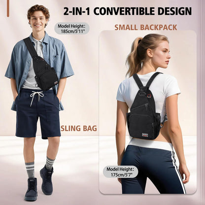 Convertible Sling Bag for Women Men, Lightweight Crossbody Backpack Daypack Chest Bag Fit 10.9" Tablet for Travel, Sport, Hiking & Commute, Black, 8.27in×3.94in×13.39in