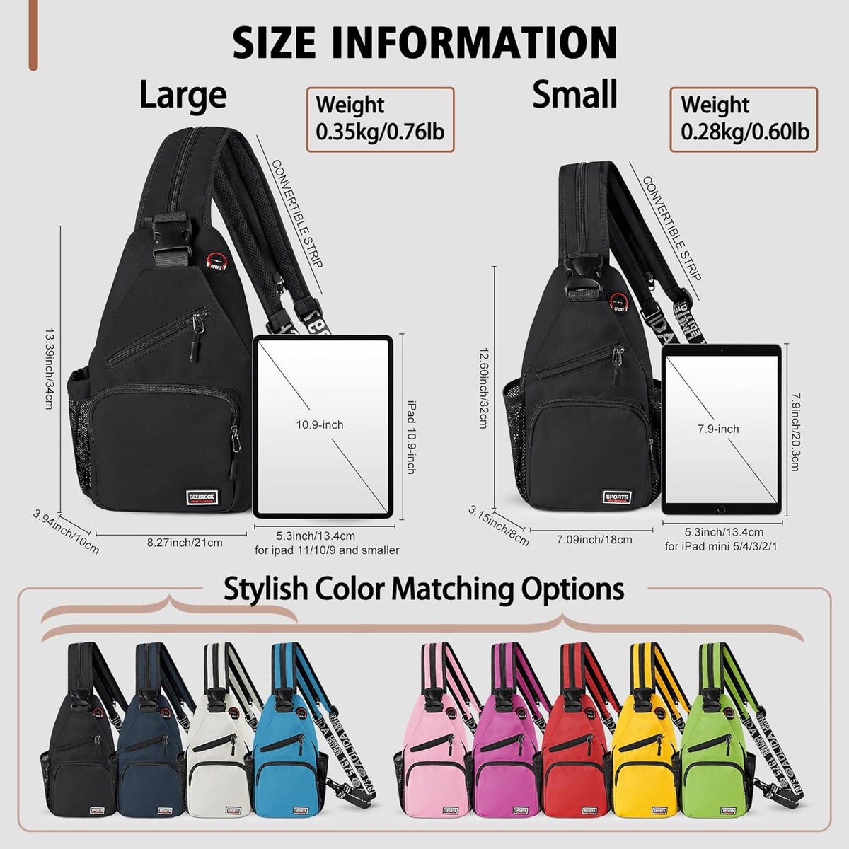 Convertible Sling Bag for Women Men, Lightweight Crossbody Backpack Daypack Chest Bag Fit 10.9" Tablet for Travel, Sport, Hiking & Commute, Black, 8.27in×3.94in×13.39in