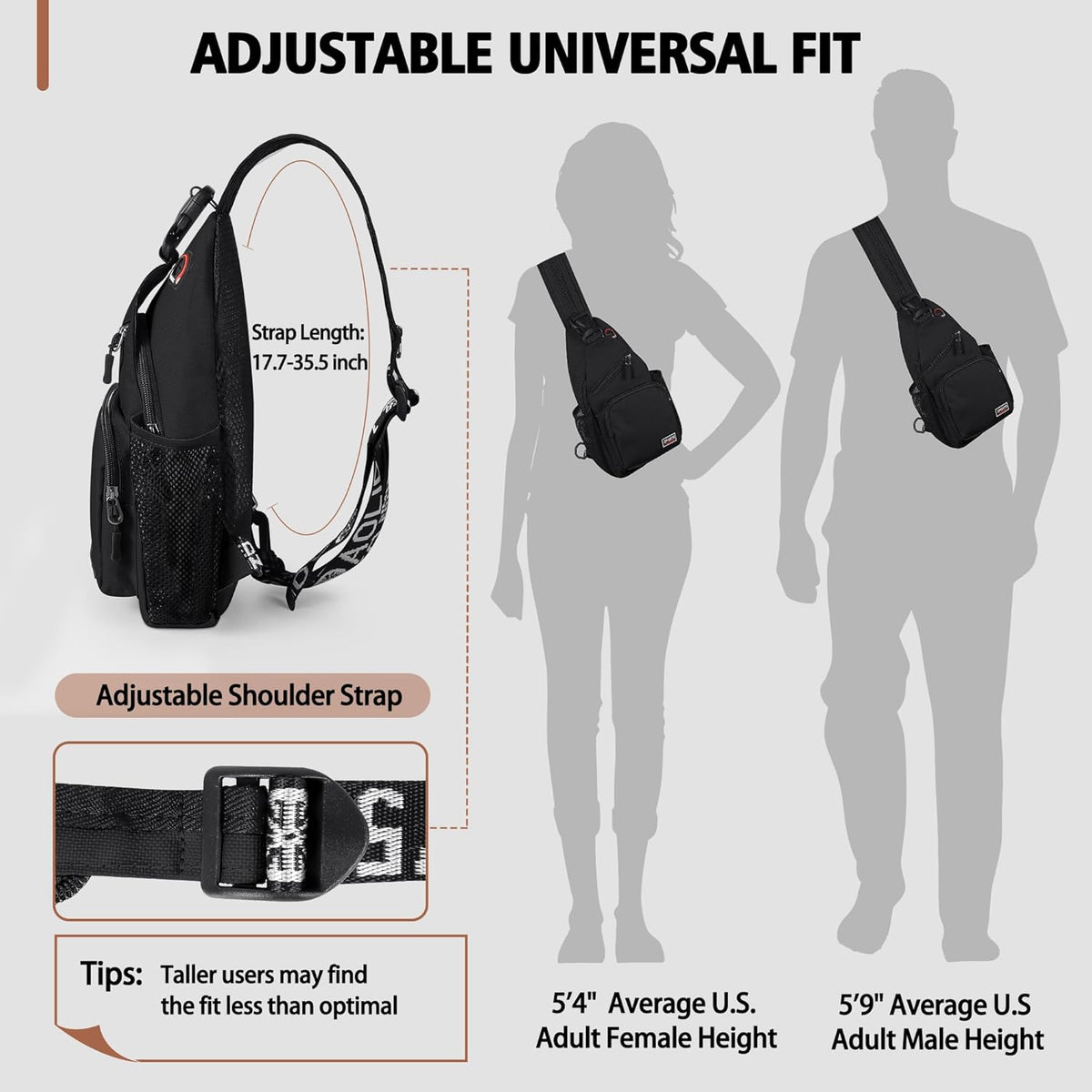 Convertible Sling Bag for Women Men, Lightweight Crossbody Backpack Daypack Chest Bag Fit 10.9" Tablet for Travel, Sport, Hiking & Commute, Black, 8.27in×3.94in×13.39in