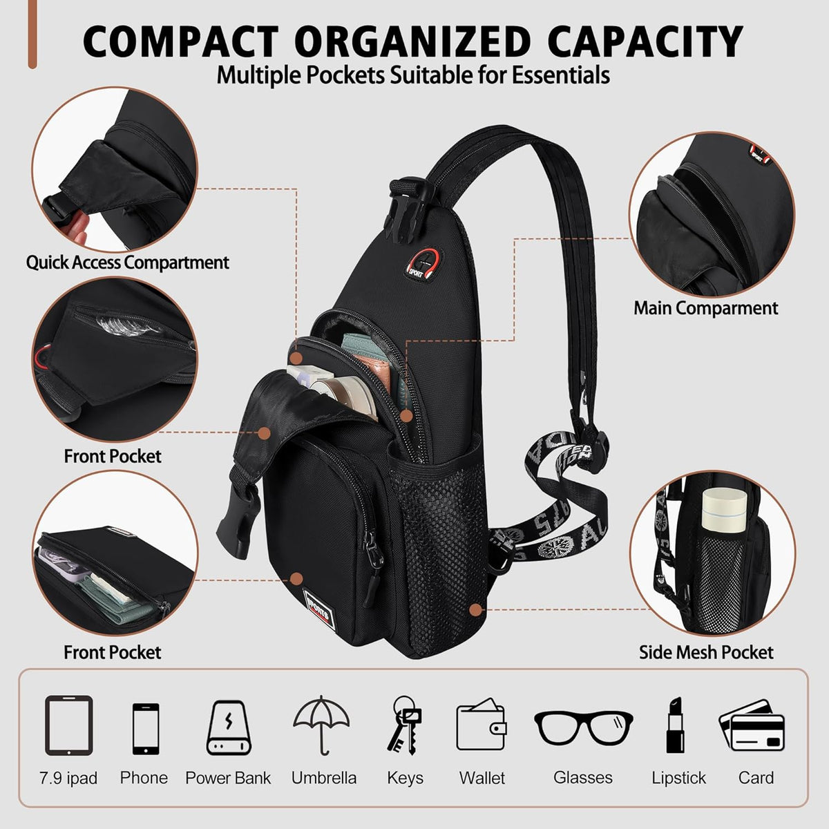 Convertible Sling Bag for Women Men, Lightweight Crossbody Backpack Daypack Chest Bag Fit 10.9" Tablet for Travel, Sport, Hiking & Commute, Black, 8.27in×3.94in×13.39in