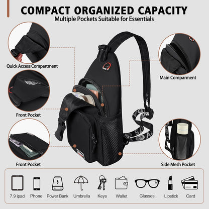 Convertible Sling Bag for Women Men, Lightweight Crossbody Backpack Daypack Chest Bag Fit 10.9" Tablet for Travel, Sport, Hiking & Commute, Black, 8.27in×3.94in×13.39in
