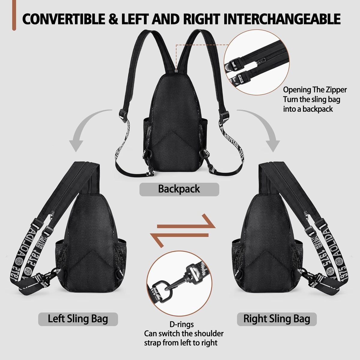 Convertible Sling Bag for Women Men, Lightweight Crossbody Backpack Daypack Chest Bag Fit 10.9" Tablet for Travel, Sport, Hiking & Commute, Black, 8.27in×3.94in×13.39in